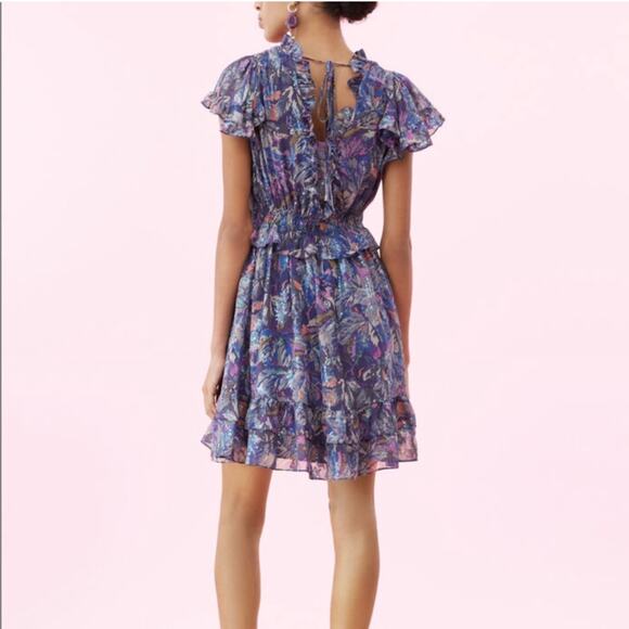 Rebecca Taylor Giverney Fleur Print Silk Blend Dress M Ruffled Cocktail Romantic - Picture 2 of 14